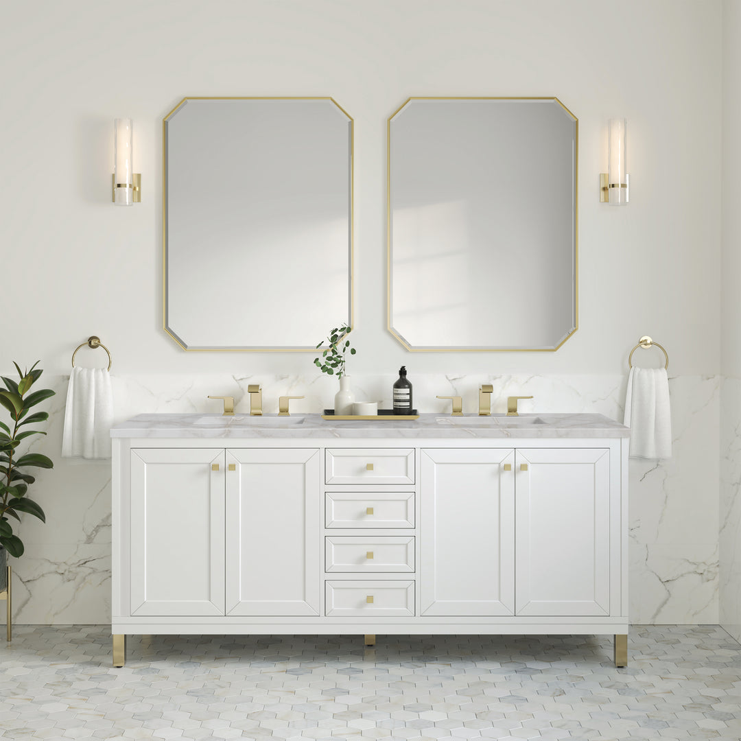 Chicago 72" Double Vanity, Glossy White, w/ 3 CM Victorian Silver Silestone Top w/ FreePower Wireless Charger