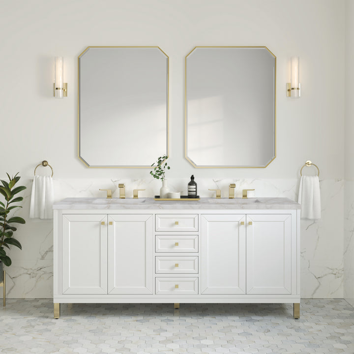 Chicago 72" Double Vanity, Glossy White, w/ 3 CM Victorian Silver Silestone Top w/ FreePower Wireless Charger