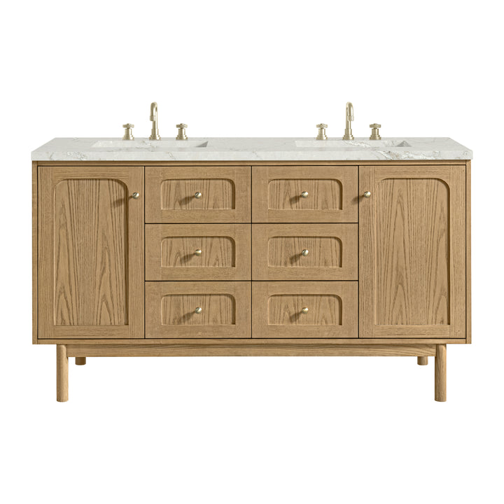 Laurent 60" Double Vanity, Light Natural Oak, w/ 3 CM Victorian Silver Quartz Top