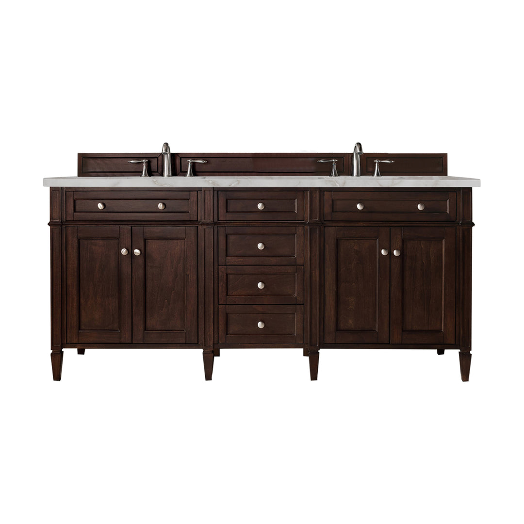 Brittany 72" Double Vanity, Burnished Mahogany w/ 3 CM Victorian Silver Silestone Top w/FreePower Wireless Charger