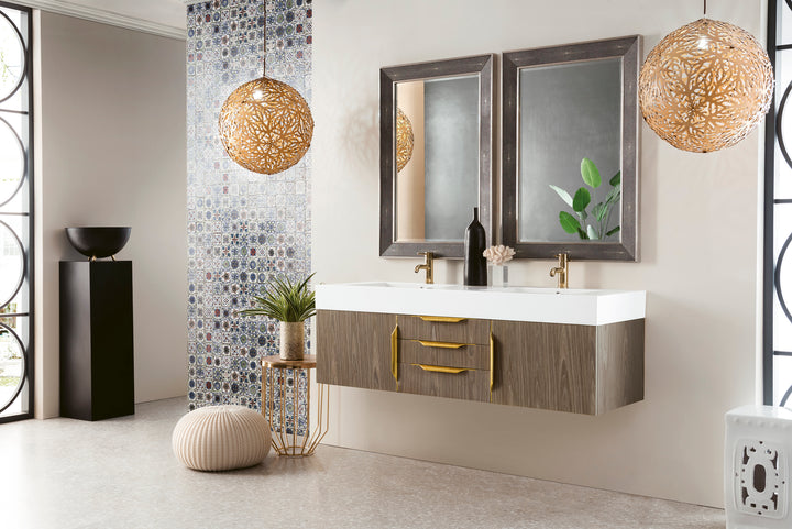 Columbia 59" Double Wall Mount Vanity, Ash Gray, Radiant Gold w/ Glossy White Composite Stone Top