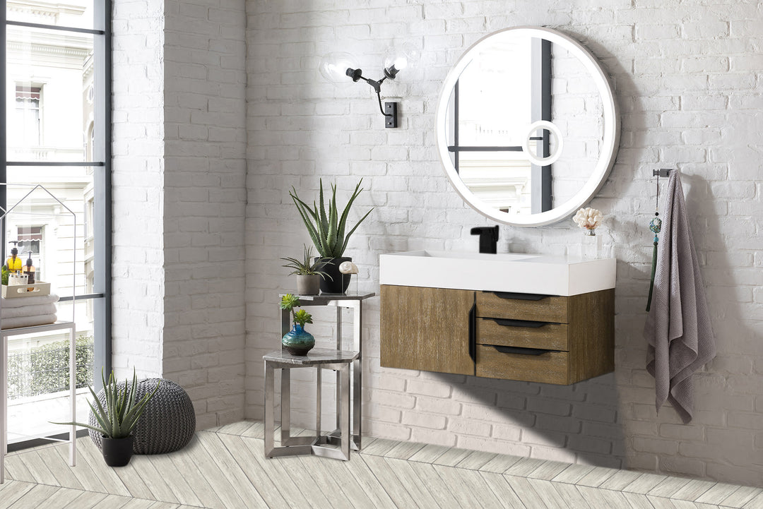 Columbia 36" Single Wall Mount Vanity, Latte Oak, Matte Black w/ Glossy White Composite Stone Top