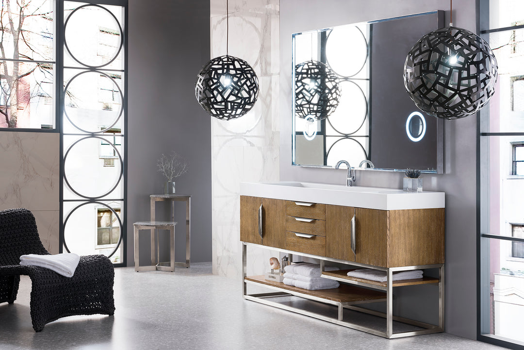 Columbia 72" Single Vanity, Latte Oak, Brushed Nickel w/ Glossy White Composite Stone Top