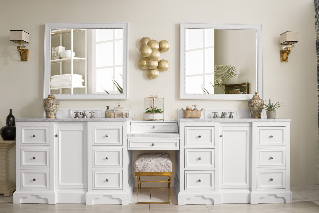 De Soto 118" Double Vanity Set, Bright White w/ 3 CM Carrara Marble Top