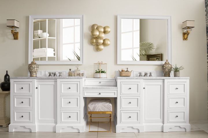 De Soto 118" Double Vanity Set, Bright White w/ 3 CM Carrara Marble Top