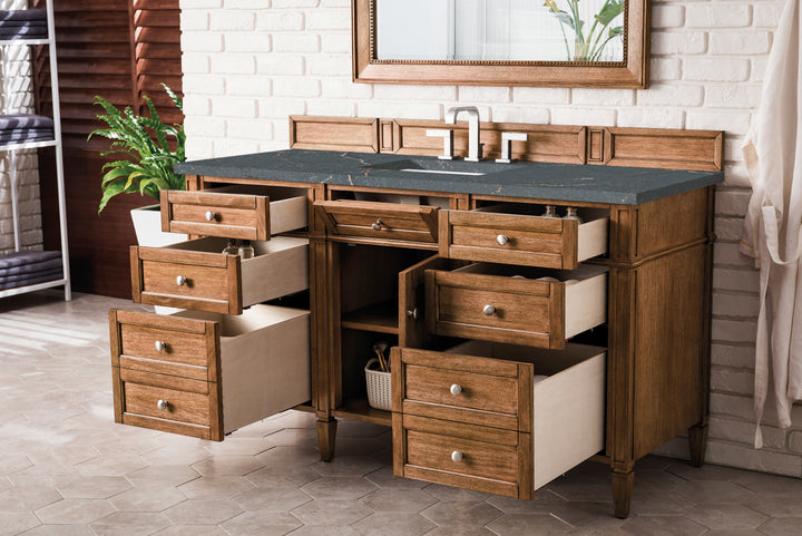 Brittany 60" Single Vanity, Saddle Brown w/ 3 CM Parisien Bleu Silestone Top w/FreePower Wireless Charger