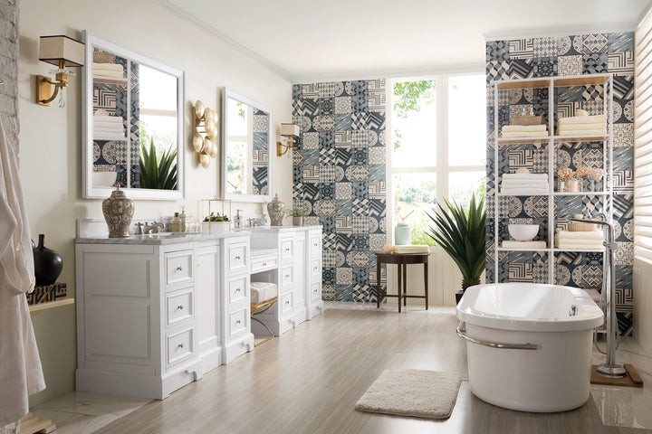 De Soto 118" Double Vanity Set, Bright White w/ 3 CM Carrara Marble Top