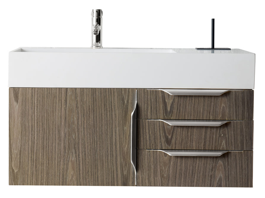 Columbia 36" Single Wall Mount Vanity, Ash Gray, Brushed Nickel w/ Glossy White Composite Stone Top