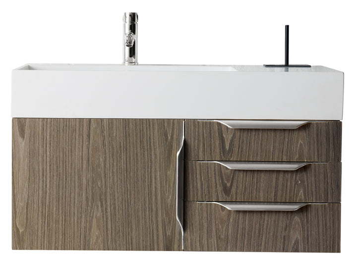 Columbia 36" Single Wall Mount Vanity, Ash Gray, Brushed Nickel w/ Glossy White Composite Stone Top