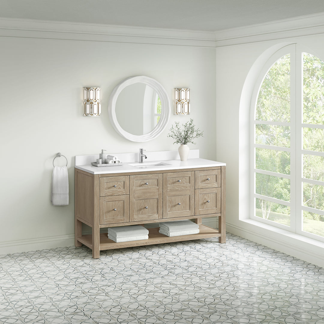 Breckenridge 60" Single Vanity, Whitewashed Oak, w/ Single Hole 3 CM White Zeus Quartz Top & Backsplash
