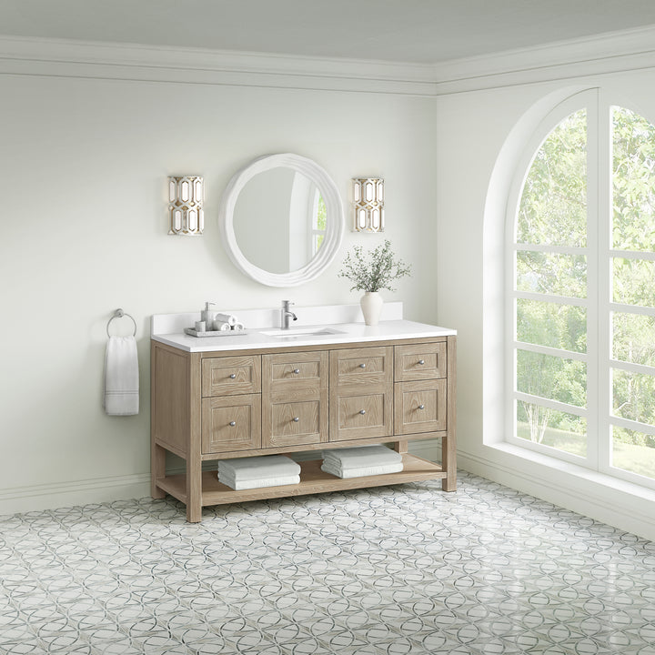 Breckenridge 60" Single Vanity, Whitewashed Oak, w/ Single Hole 3 CM White Zeus Quartz Top & Backsplash