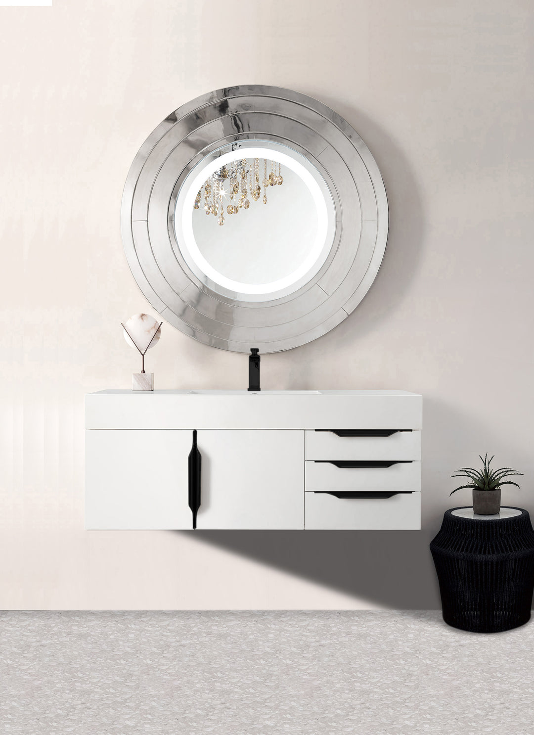 Columbia 48" Single Wall Mount Vanity, Glossy White, Matte Black w/ Glossy White Composite Stone Top