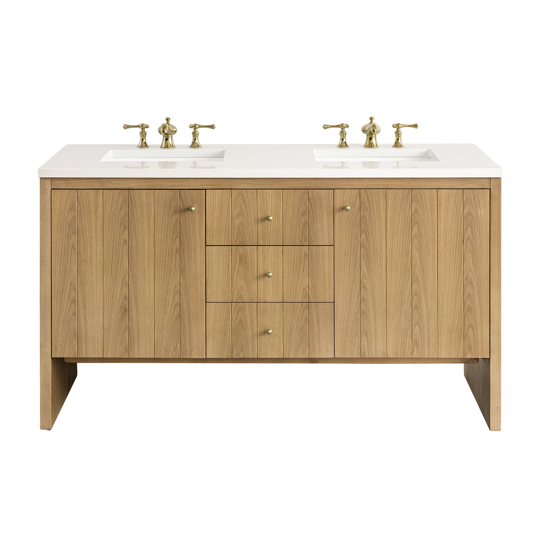Hudson 60" Double Vanity, Light Natural Oak w/ 3 CM White Zeus Top