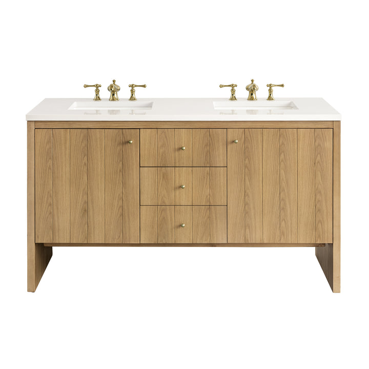 Hudson 60" Double Vanity, Light Natural Oak w/ 3 CM White Zeus Top