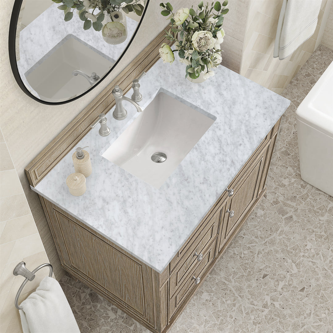 Lorelai 36" Single Vanity, Whitewashed Oak w/ 3 CM Carrara White Marble Top