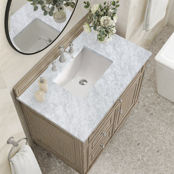 Lorelai 36" Single Vanity, Whitewashed Oak w/ 3 CM Carrara White Marble Top