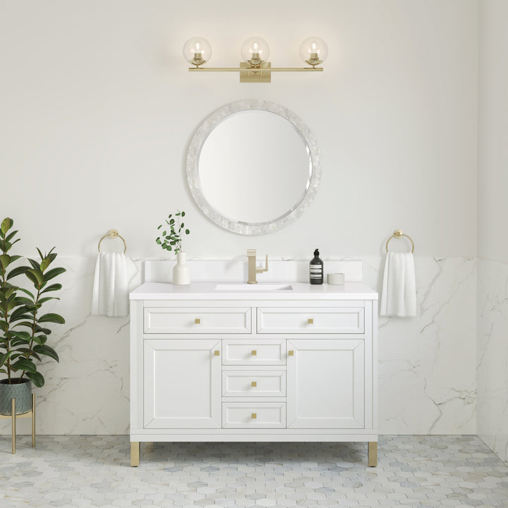 Chicago 48" Single Vanity, Glossy White, w/ Single Hole 3CM White Zeus Silestone® Top & Backsplash