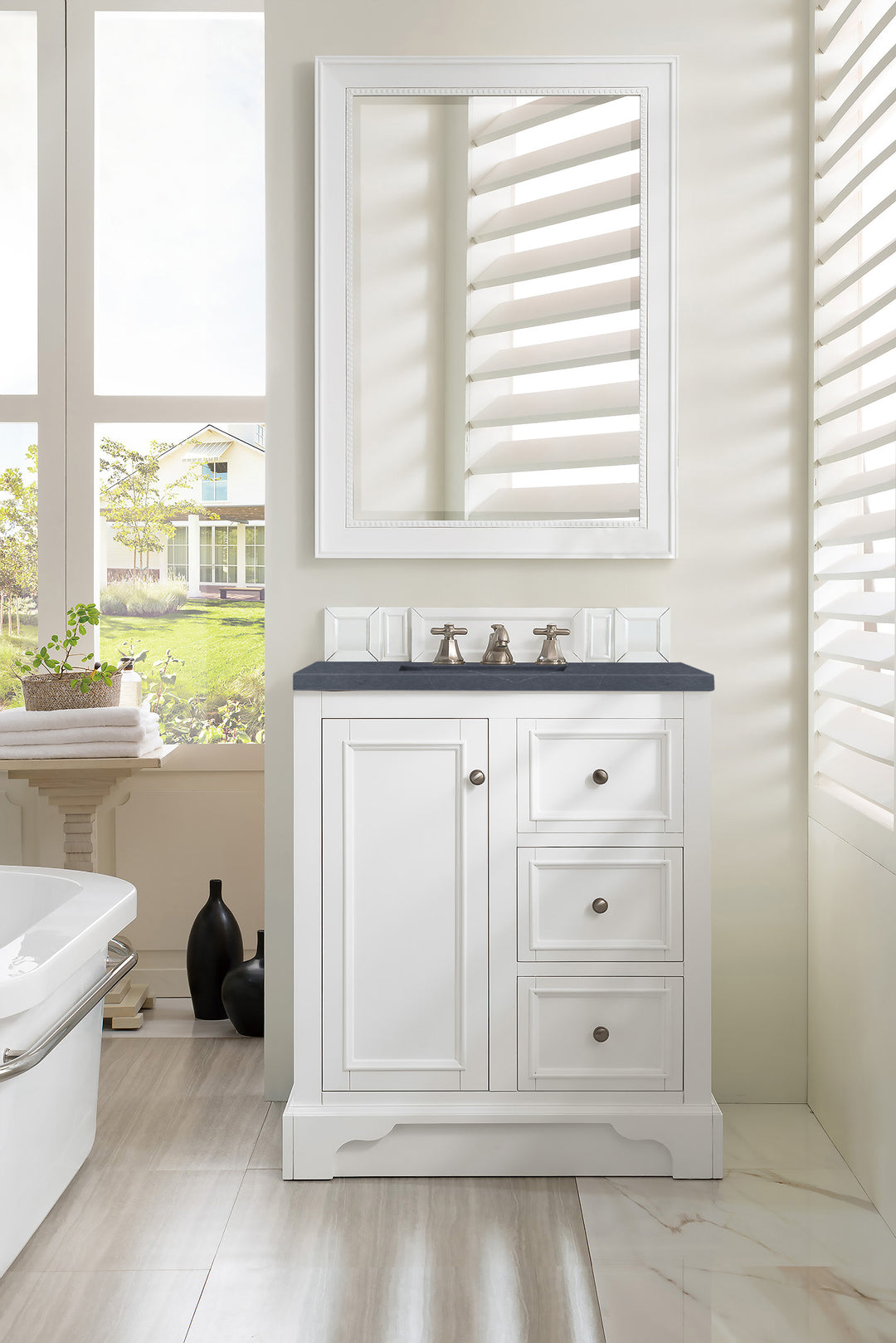 De Soto 30" Single Vanity, Bright White w/ 3 CM Charcoal Soapstone Silestone Top