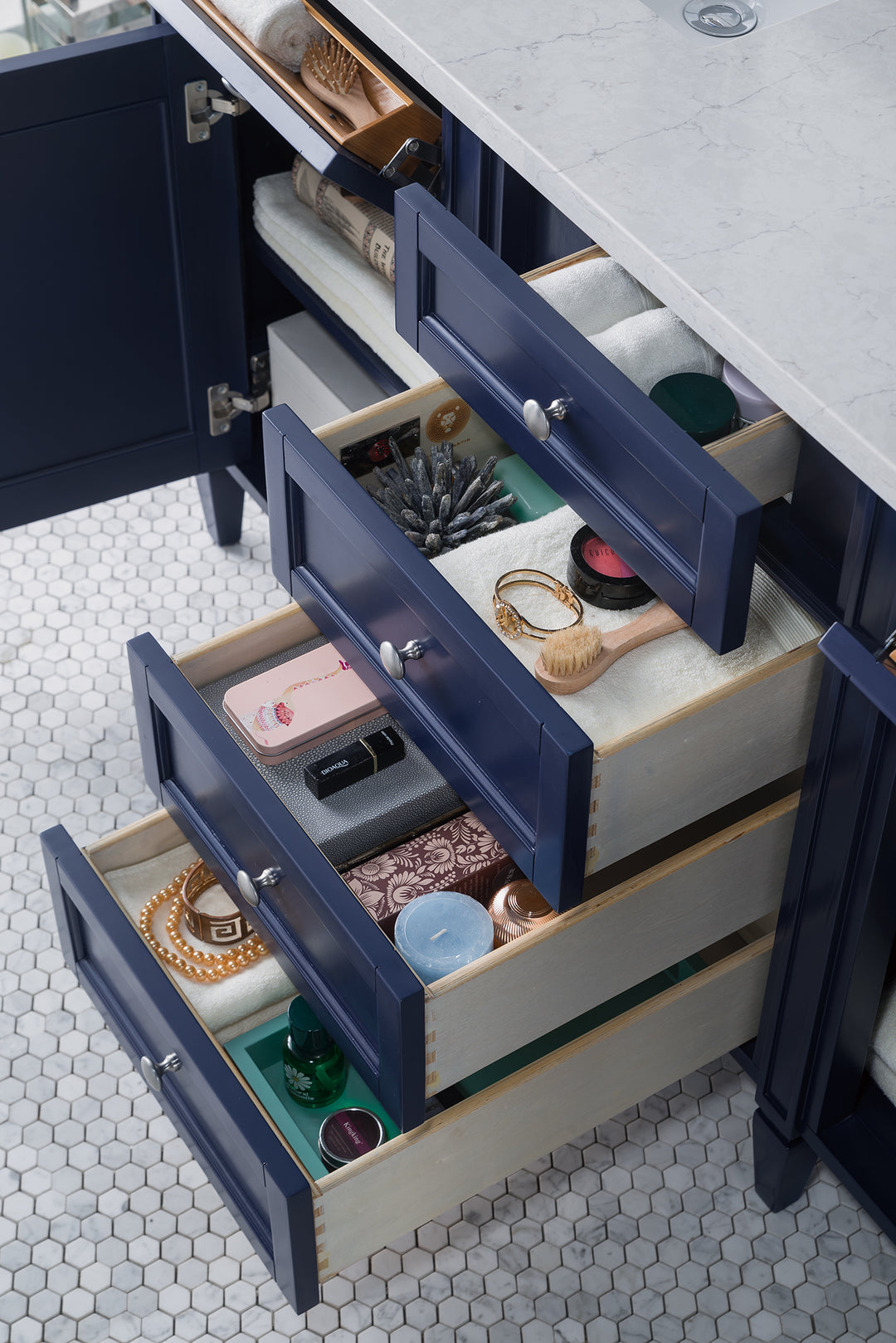 Brittany 60" Double Vanity, Victory Blue w/ 3 CM Eternal Jasmine Pearl Silestone Top w/FreePower Wireless Charger