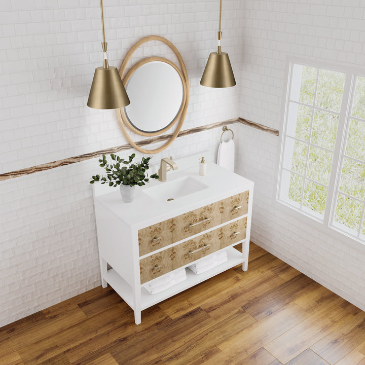 Olena 48" Single Vanity, Light Mappa Burl and Polished White w/ Single Hole 3 CM White Zeus Silestone Top & Backsplash