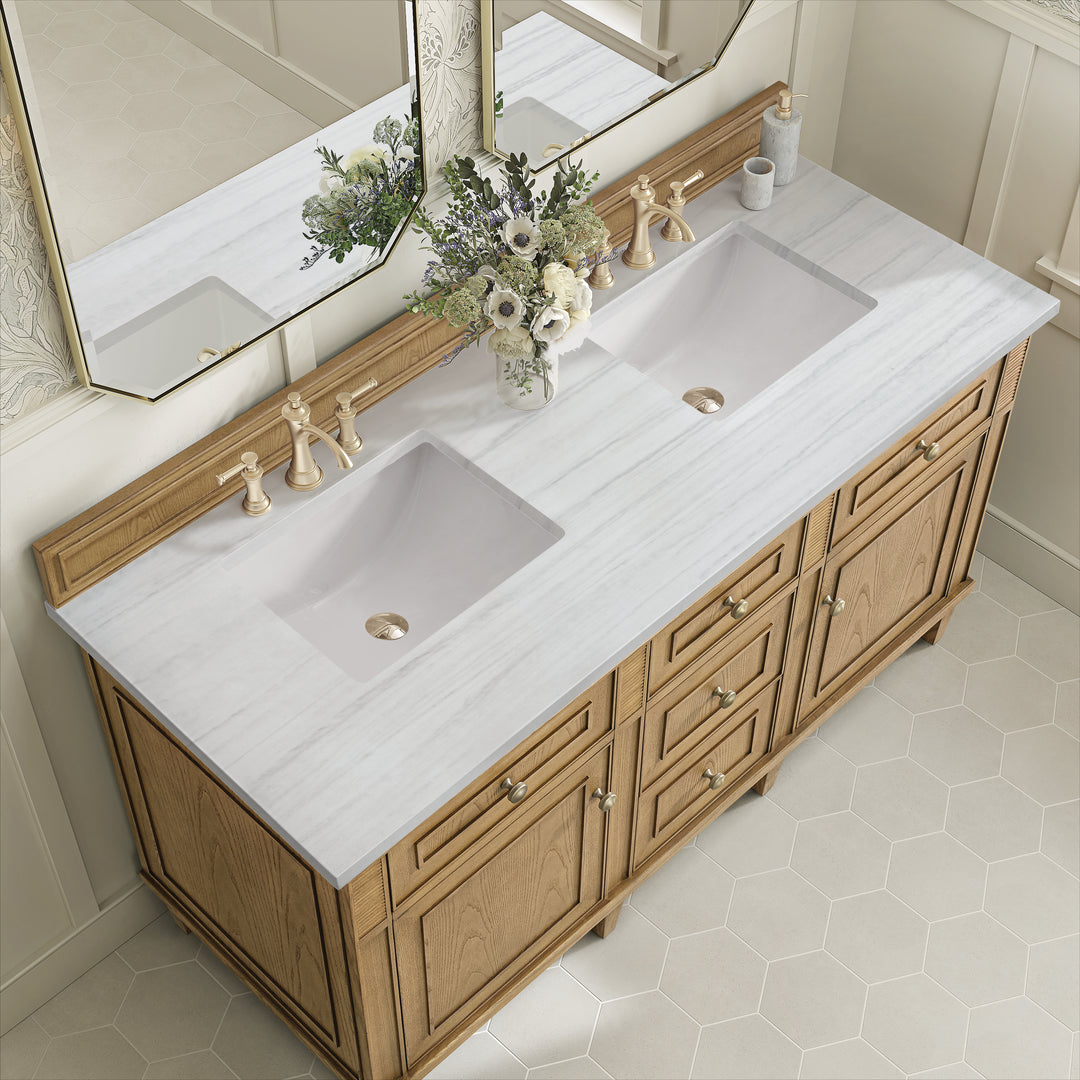 Lorelai 60" Double Vanity, Light Natural Oak w/ 3 CM Arctic Fall Solid Surface Top