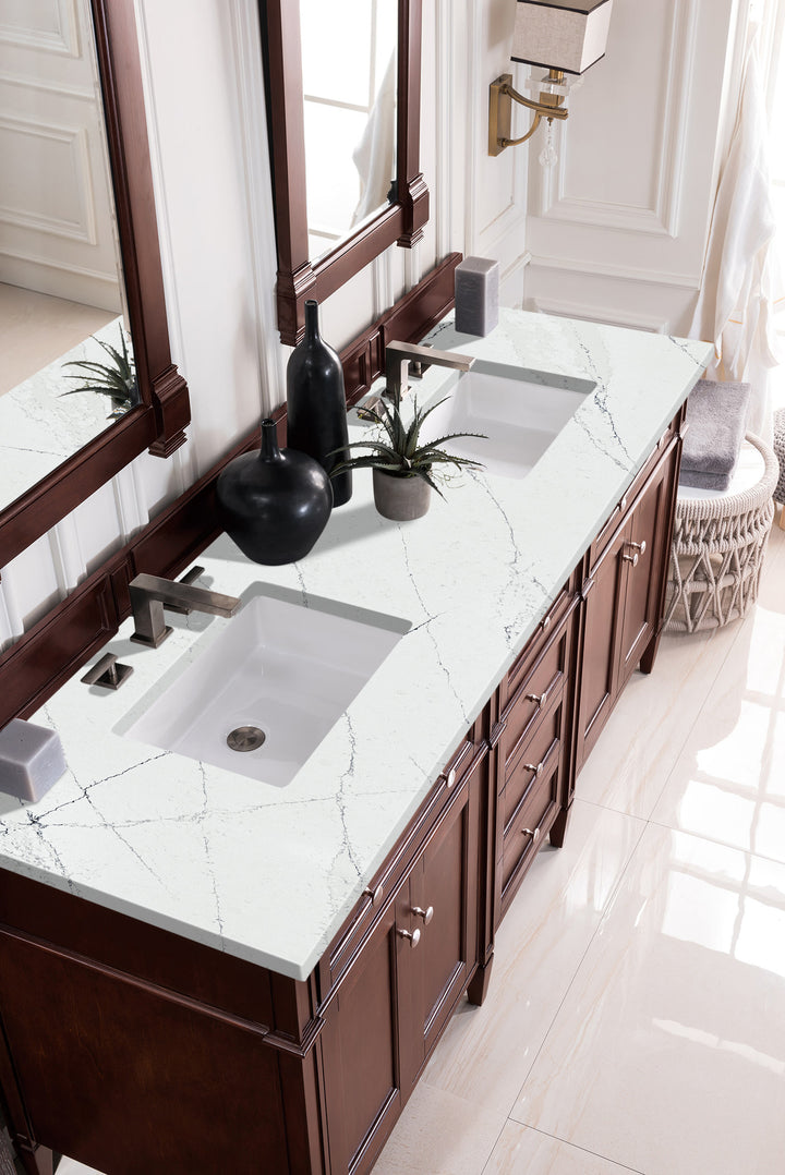 Brittany 72" Double Vanity, Burnished Mahogany w/ 3 CM Ethereal Noctis Silestone Top w/FreePower Wireless Charger