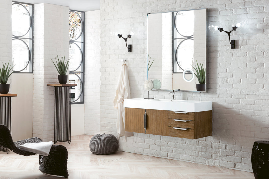 Columbia 48" Single Wall Mount Vanity, Latte Oak, Brushed Nickel w/ Glossy White Composite Stone Top