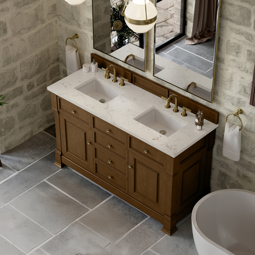 Brookfield 60" Double Vanity, Honey Oak w/ 3 CM Victorian Silver Silestone® Top w/FreePower Wireless Charger