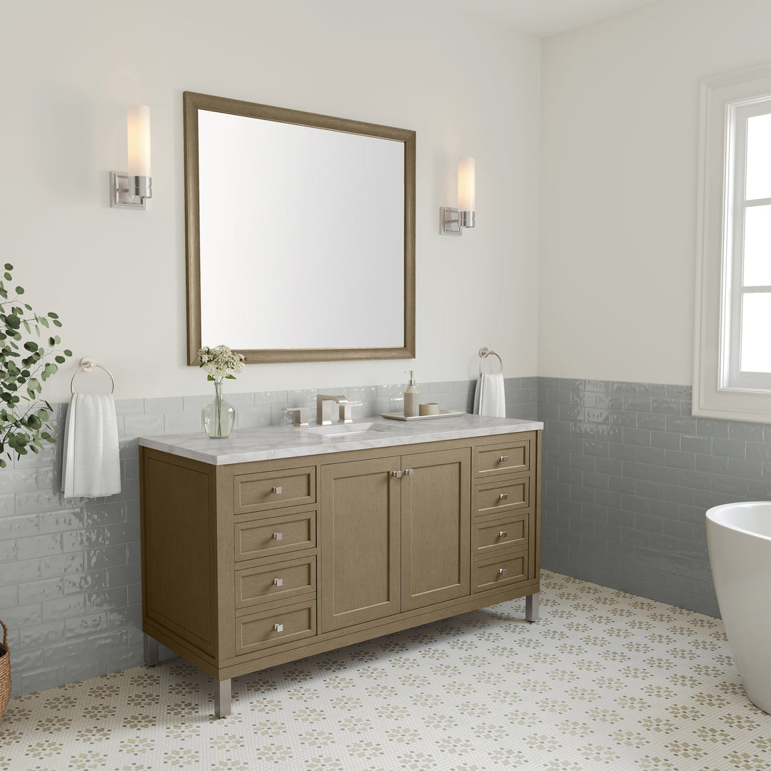 Chicago 60" Single Vanity, Walnut Whisper, w/ 3 CM Victorian Silver Silestone Top w/ FreePower Wireless Charger