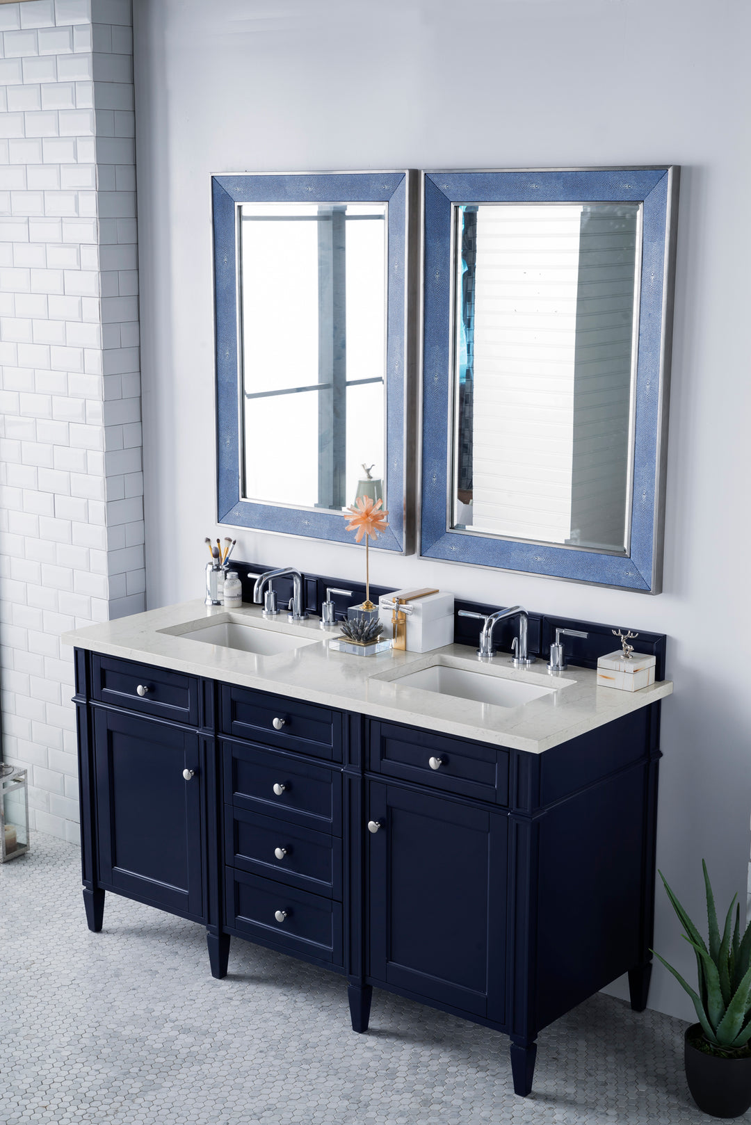 Brittany 60" Double Vanity, Victory Blue w/ 3 CM Eternal Jasmine Pearl Silestone Top w/FreePower Wireless Charger