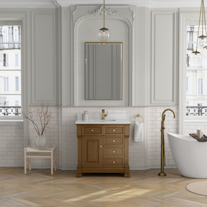 Brookfield 36" Single Vanity, Honey Oak w/ Single Hole 3 CM White Zeus Silestone® Top & Backsplash