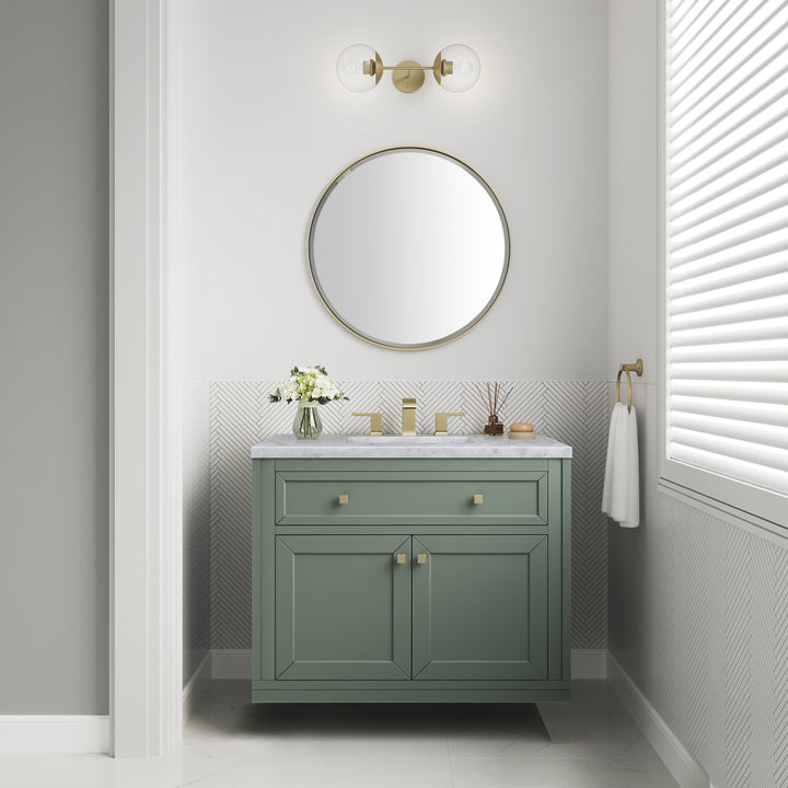 Chicago 36" Single Vanity, Smokey Celadon, w/ 3 CM Carrara Marble Top
