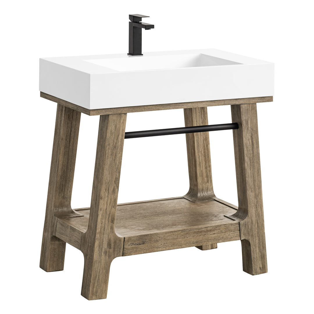 Auburn 31.5" Single Sink Console, Weathered Timber w/ Glossy White Mineral Composite Stone Top