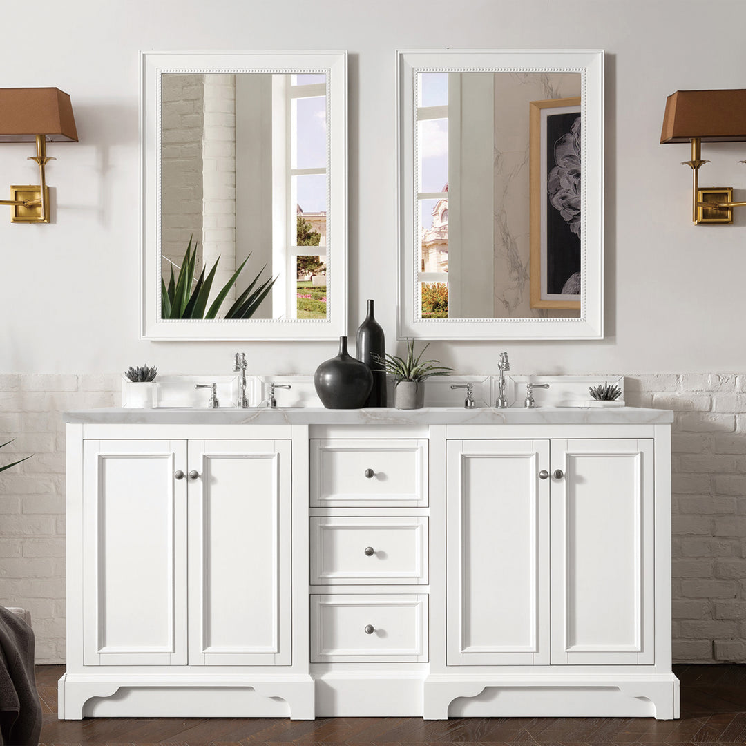 De Soto 72" Double Vanity, Bright White w/ 3 CM Victorian Silver Silestone Top