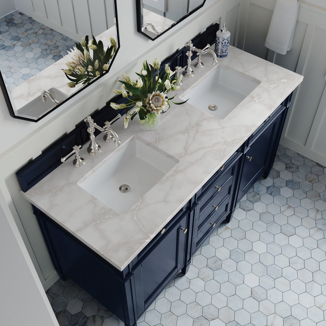 Brittany 60" Double Vanity, Victory Blue w/ 3 CM Victorian Silver Silestone Top w/FreePower Wireless Charger