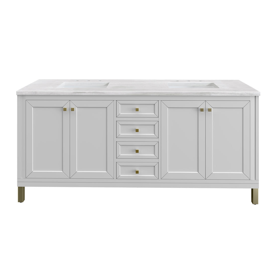 Chicago 72" Double Vanity, Glossy White, w/ 3 CM Arctic Fall Solid Surface Top