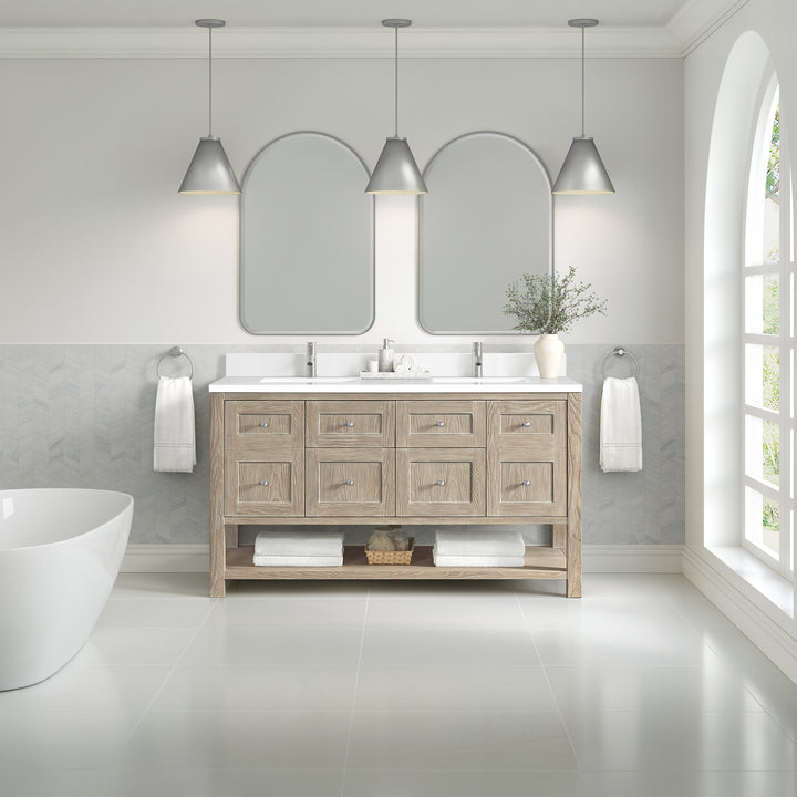 Breckenridge 60" Double Vanity, Whitewashed Oak, w/ Single Hole 3 CM White Zeus Quartz Top & Backsplash
