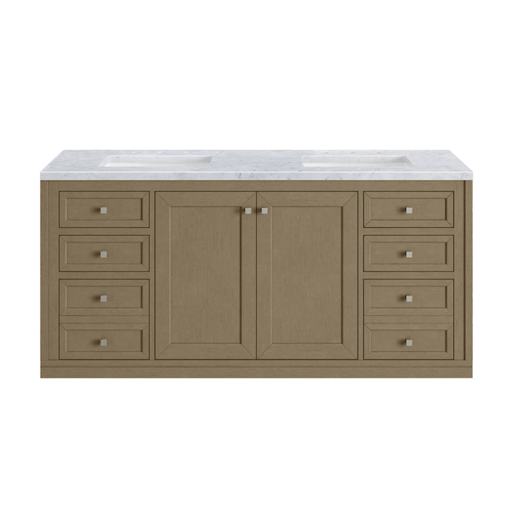 Chicago 60" Double Vanity, Walnut Whisper, w/ 3 CM Carrara Marble Top