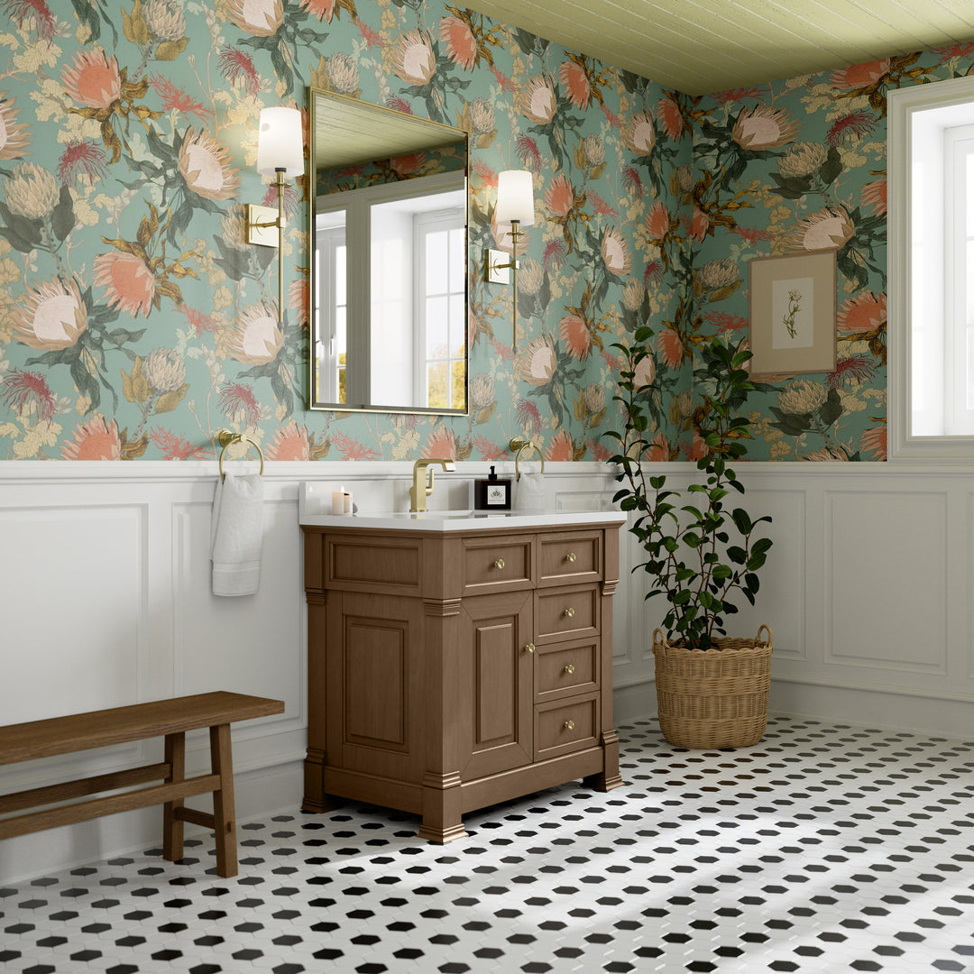 Brookfield 36" Single Vanity, Pecan w/ Single Hole 3CM White Zeus Silestone® Top & Backsplash