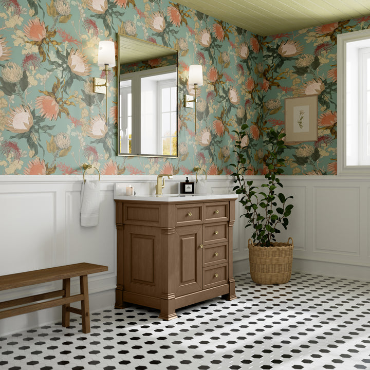 Brookfield 36" Single Vanity, Pecan w/ Single Hole 3CM White Zeus Silestone® Top & Backsplash