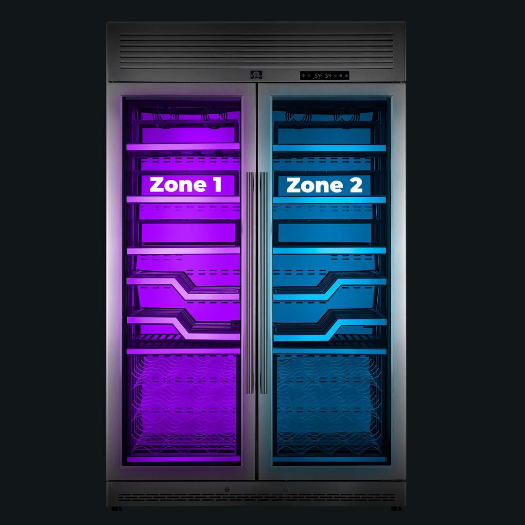 FORNO Abruzzo 48-Inch Dual Zone Wine Cellar, 102 Bottles, 24 cu. ft., Clear Acrylic Holders & Stainless Trim Shelves