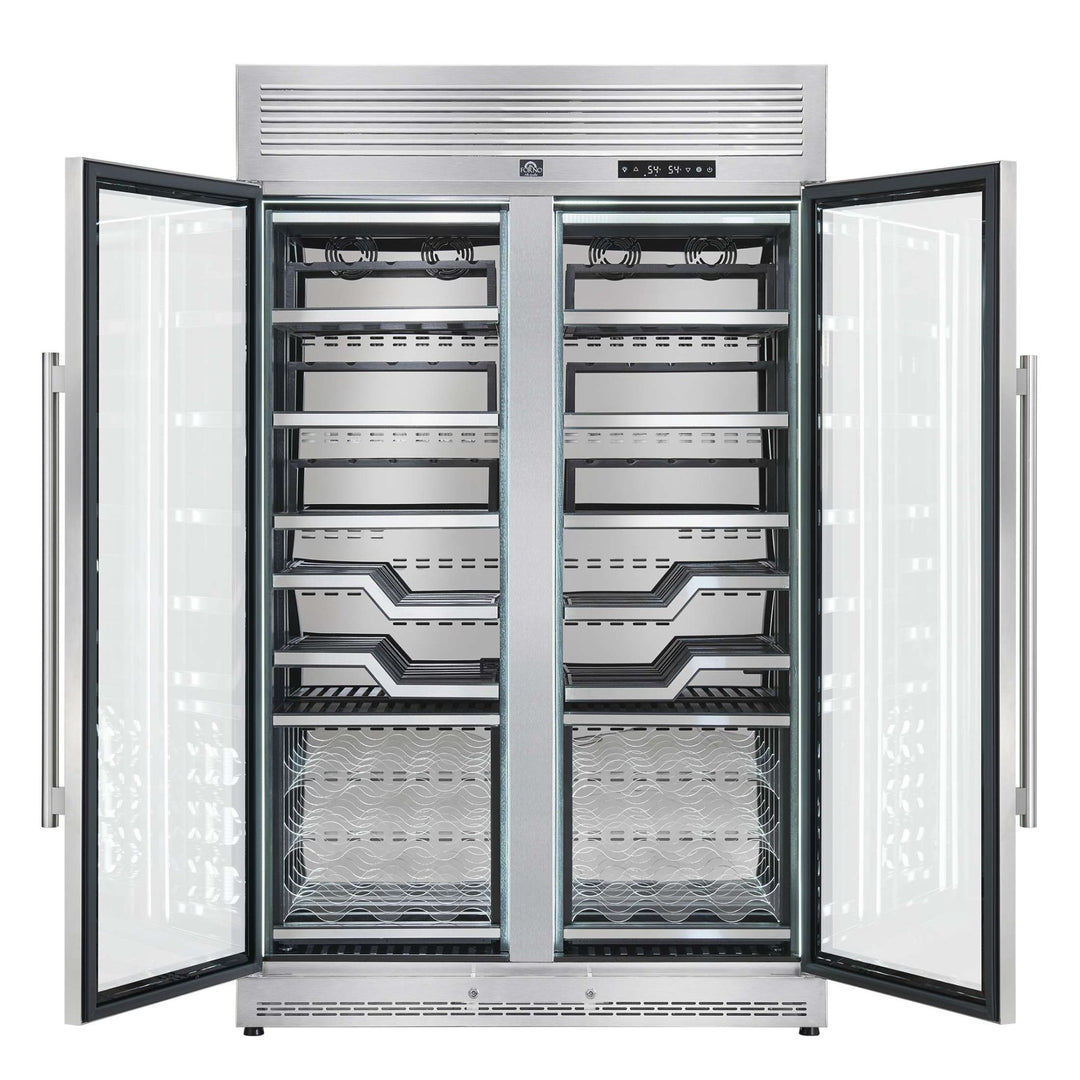 FORNO Abruzzo 48-Inch Dual Zone Wine Cellar, 102 Bottles, 24 cu. ft., Clear Acrylic Holders & Stainless Trim Shelves