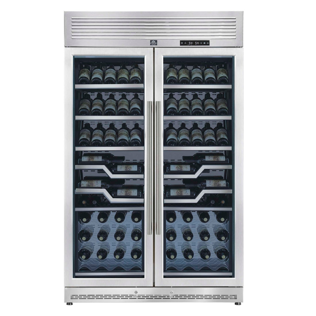 FORNO Abruzzo 48-Inch Dual Zone Wine Cellar, 102 Bottles, 24 cu. ft., Clear Acrylic Holders & Stainless Trim Shelves