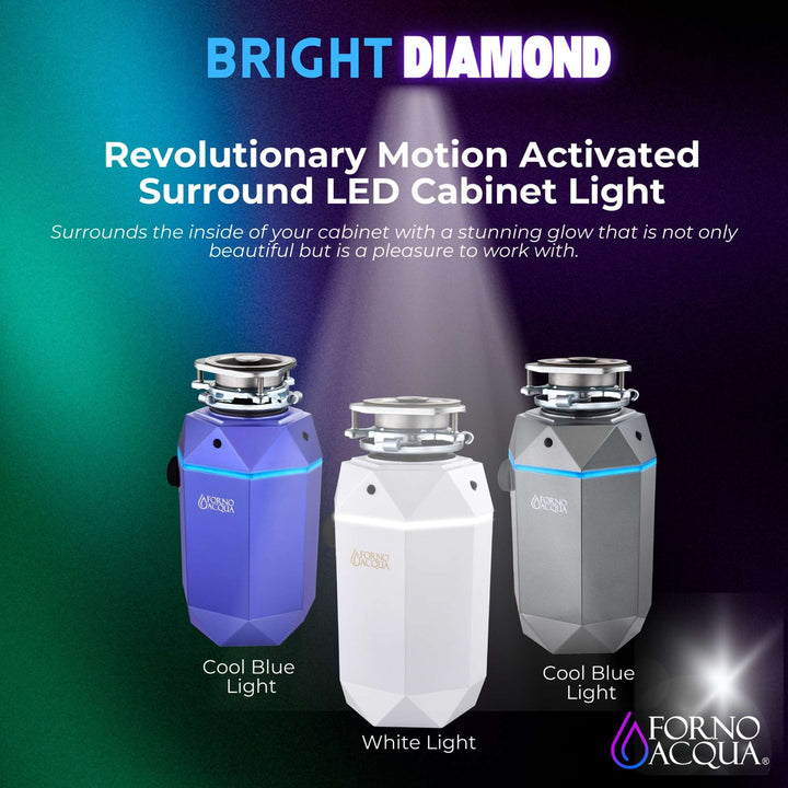 FORNO ACQUA BrightDIAMOND Amethyst 1HP Super Quiet Garbage Disposal Corded with Motion Sensor Cabinet Light & Pre-Wired Air Switch