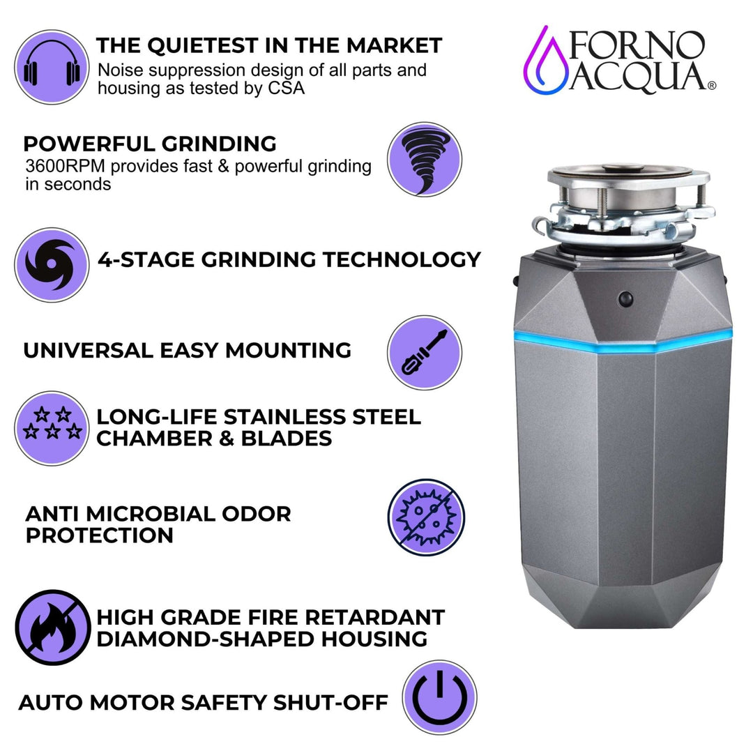 FORNO ACQUA BrightDIAMOND Black Onyx 3/4HP Super Quiet Garbage Disposal Corded with Motion Sensor Cabinet Light & Pre-Wired Air Switch