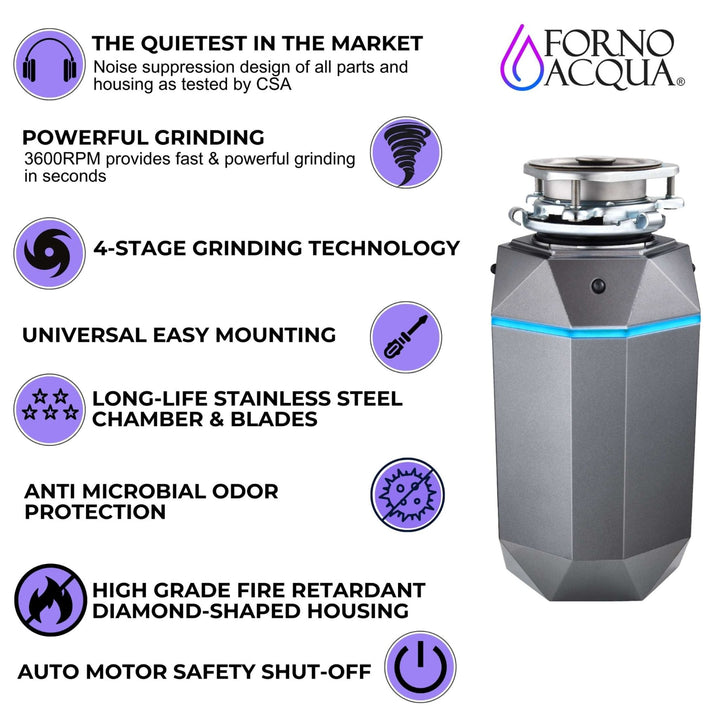 FORNO ACQUA BrightDIAMOND Black Onyx 3/4HP Super Quiet Garbage Disposal Corded with Motion Sensor Cabinet Light & Pre-Wired Air Switch