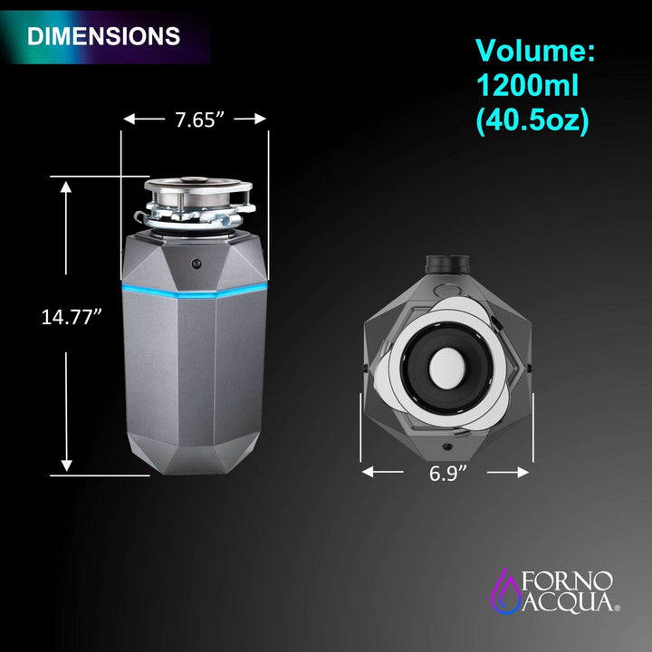 FORNO ACQUA BrightDIAMOND Black Onyx 3/4HP Super Quiet Garbage Disposal Corded with Motion Sensor Cabinet Light & Pre-Wired Air Switch