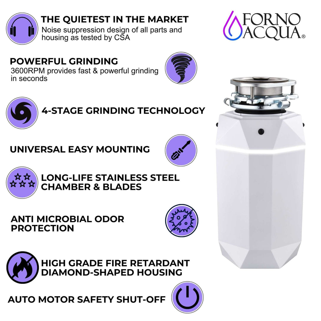 FORNO ACQUA BrightDIAMOND Moonstone 3/4HP Super Quiet Garbage Disposal Corded with Motion Sensor Cabinet Light & Pre-Wired Air Switch