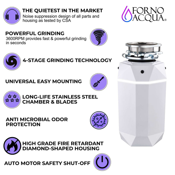 FORNO ACQUA BrightDIAMOND Moonstone 3/4HP Super Quiet Garbage Disposal Corded with Motion Sensor Cabinet Light & Pre-Wired Air Switch