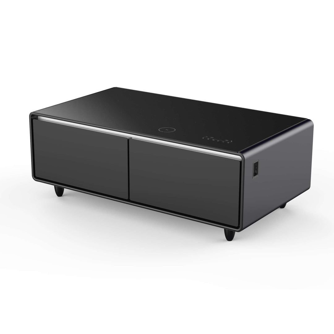 Forno Evoluto Tavolo 51-Inch Black Smart Coffee Table – Dual Refrigerator Drawers, Bluetooth 5.0 Audio, Wireless Charging & RGB Ambient Light